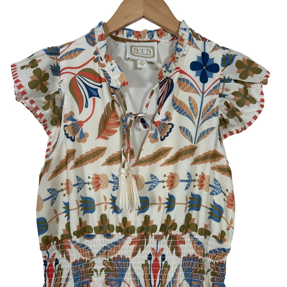 Sail‎ to Stable STS Midi Dress XS Cream Geo Floral Smocked Waist Tiered Lined